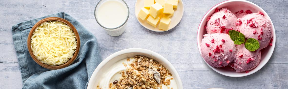 Yogurt, Ice-cream, Cheese and Butter in bowls and a glass of milk 